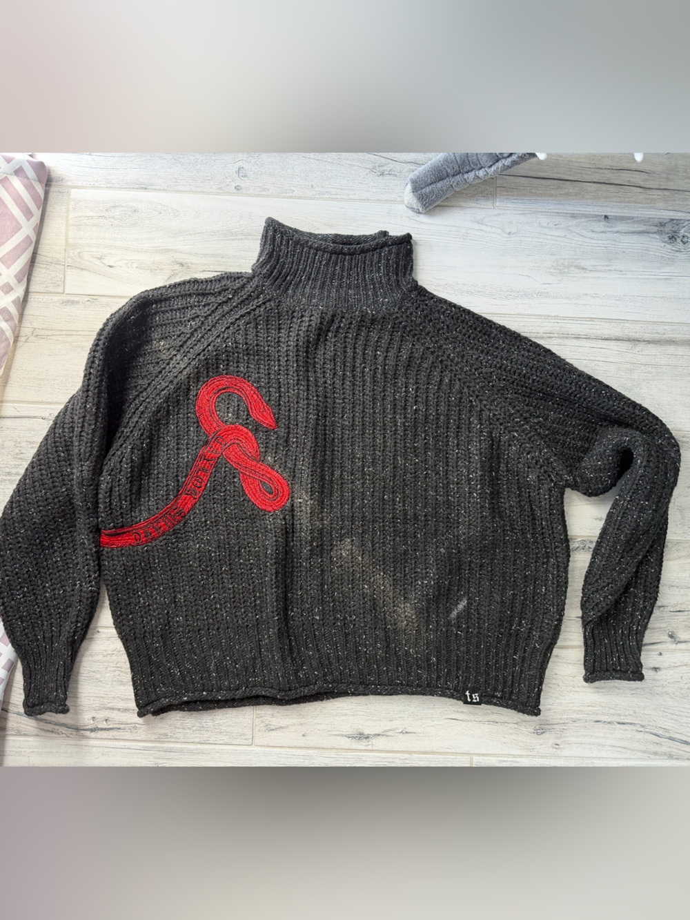 Taylor Swift Black Ribbed Turtleneck Sweater with Red Snake Motif